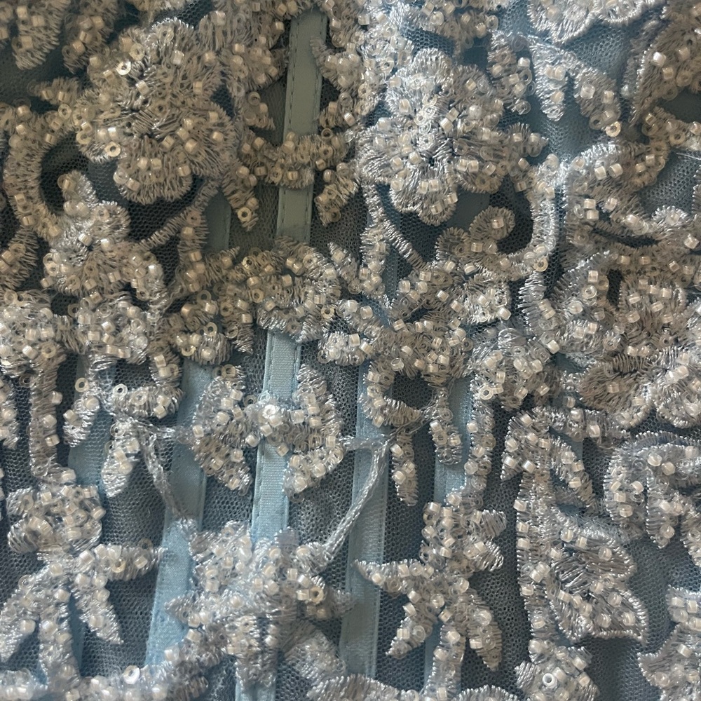 Elegant Blue and Silver Embroidered Fabric